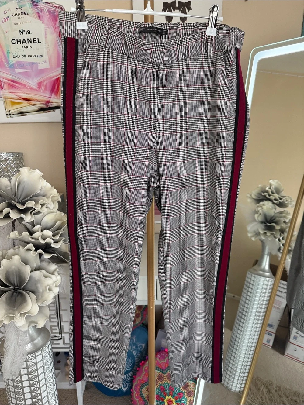 Zara Grey Plaid Chinos with Burgundy Side Stripe